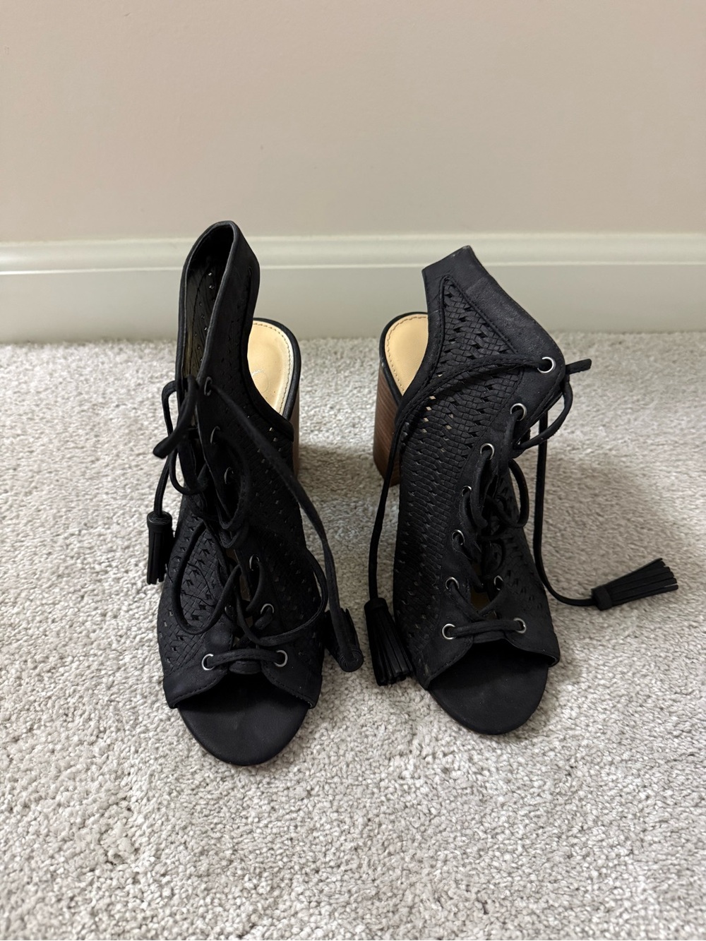 Jessica Simpson Black Lace-Up Peep Toe Block Heels